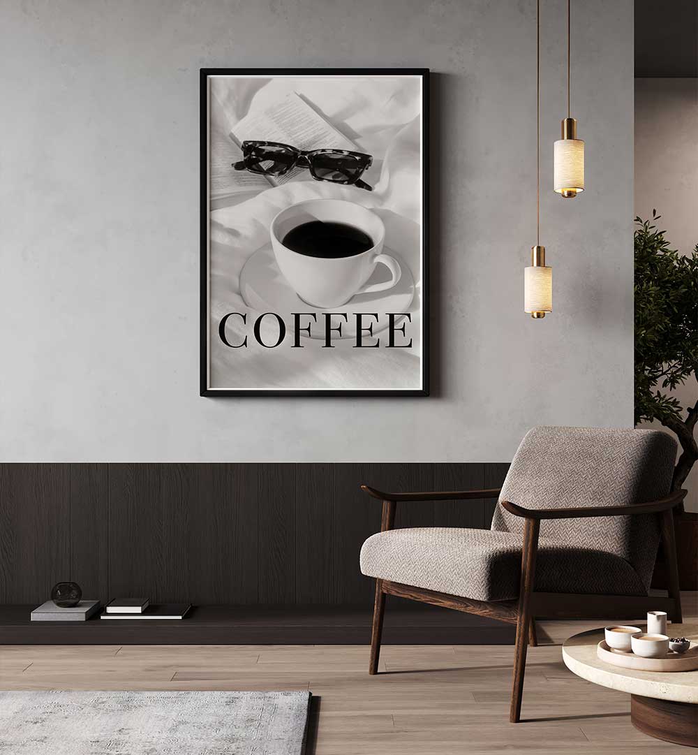Stylish wall art featuring COFFEE IN BED, BAR & CAFE design, perfect for coffee lovers' cozy spaces.