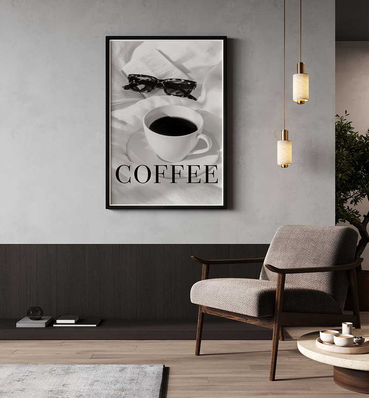 Stylish wall art featuring COFFEE IN BED, BAR & CAFE design, perfect for coffee lovers' cozy spaces.