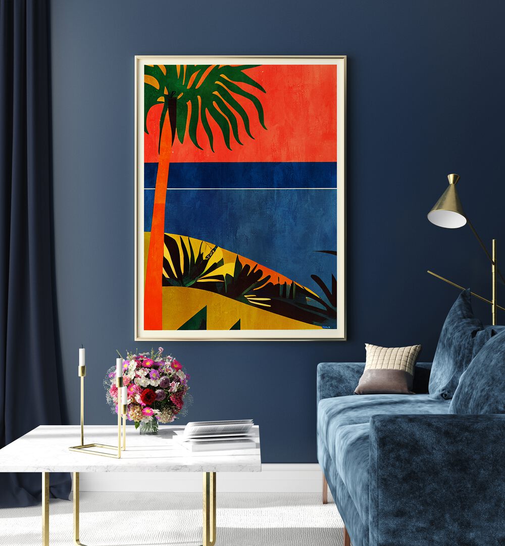 Vibrant COITETE D, BEACH PAINTINGS adorn a stylish living room, enhancing coastal tranquility and elegance.