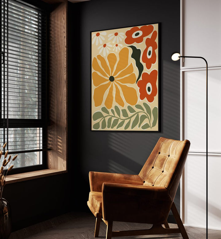 Colorful Mid-Century, Botanical Art Paintings Artwork in Black Plain Frame
placed on a Dark Grey Colored Wall
in the Drawing Room
