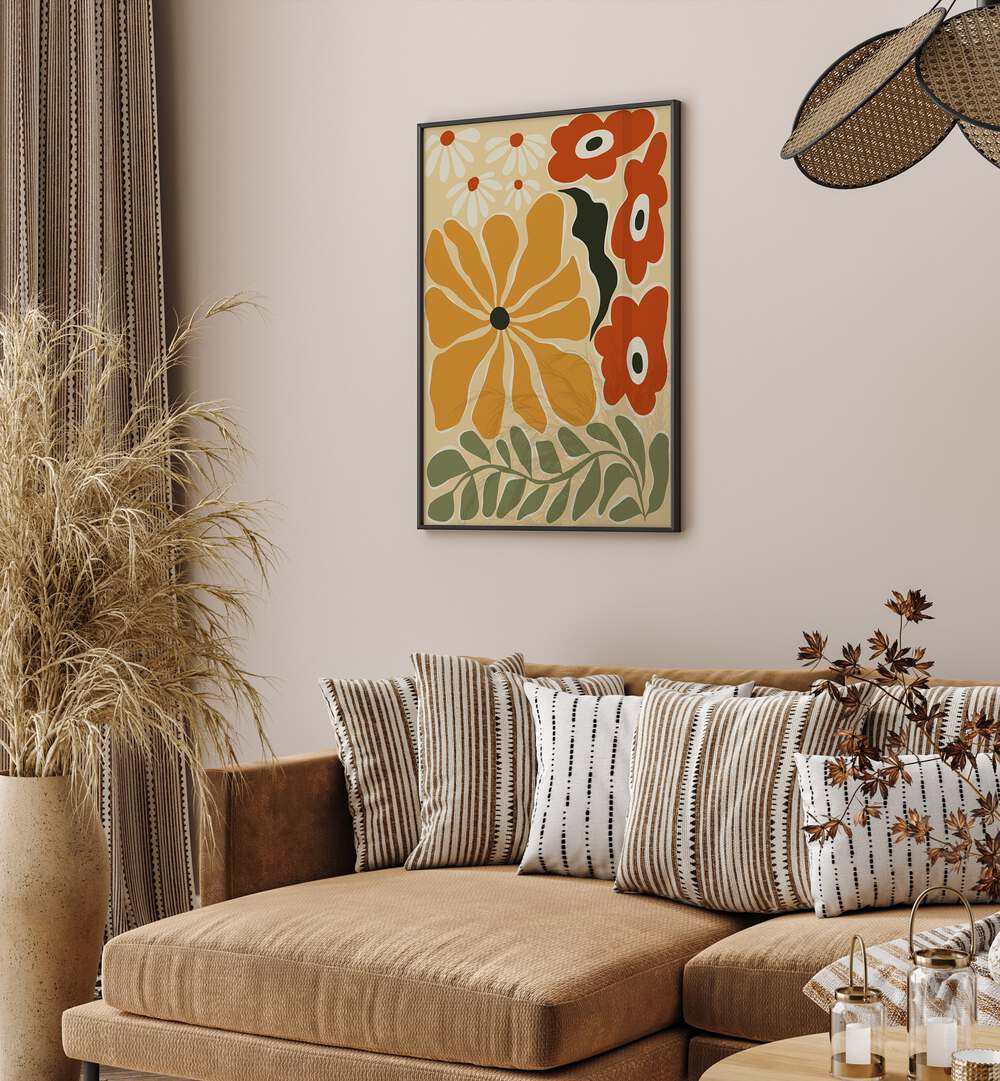 Colorful Mid-Century, Botanical Art Paintings Artwork in Black Plain Frame
placed on a Cream Colored Wall
near a Brown Sofa
in the Living Room
