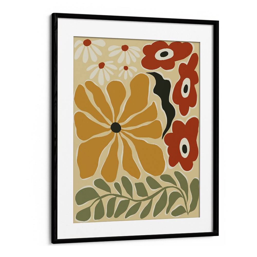 Colorful Mid-Century, Botanical Art Paintings Artwork in Black Frame With Mount
