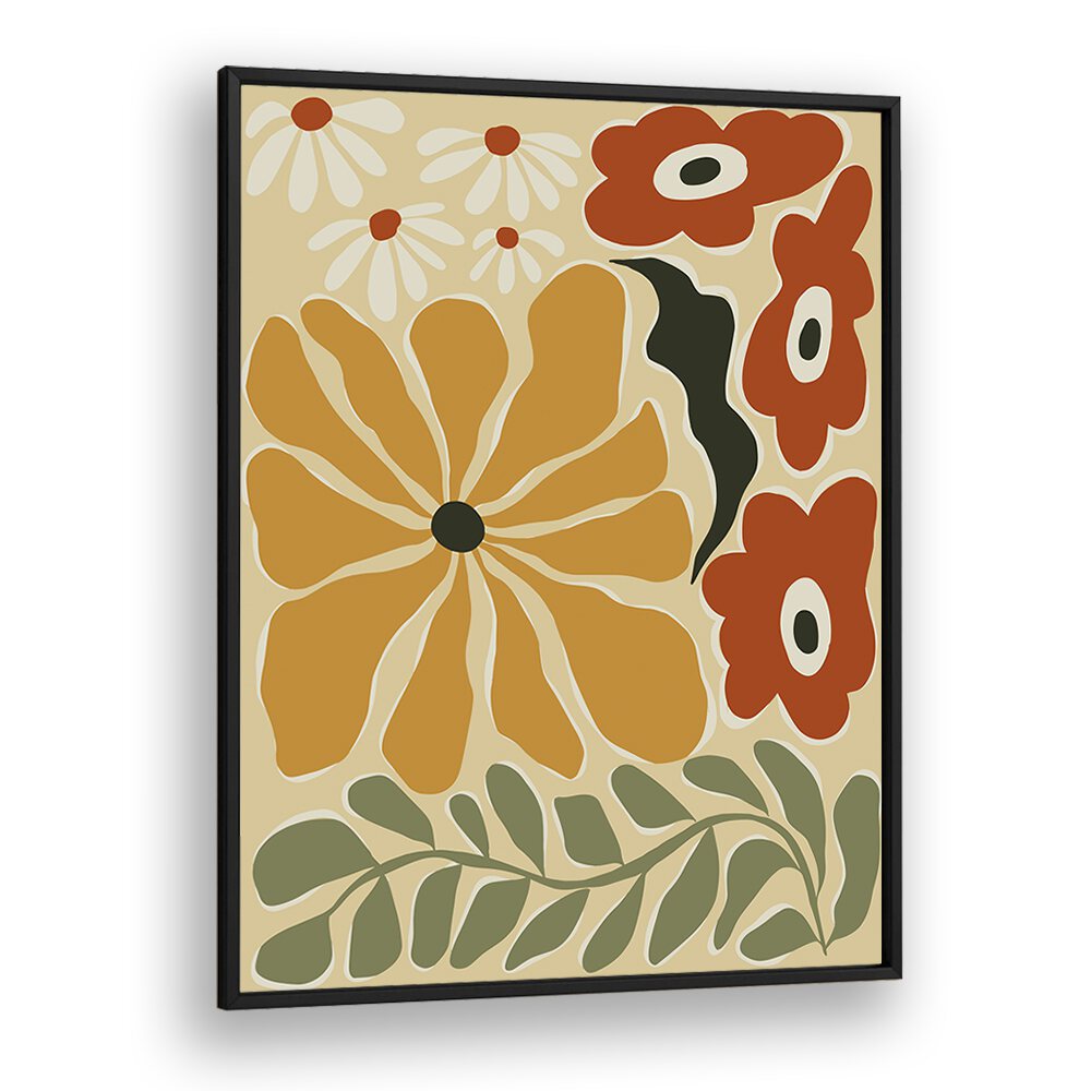 Colorful Mid-Century, Botanical Art Paintings Artwork in Black Plain Frame
