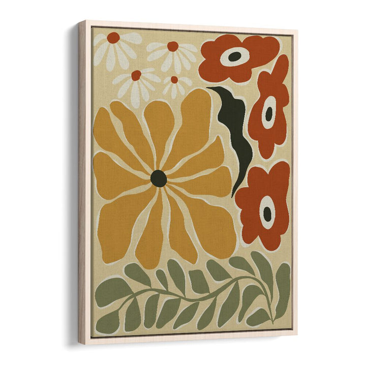 Colorful Mid-Century, Botanical Art Paintings Artwork in Oak Wood Floater Frame
