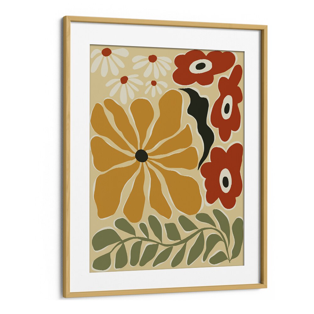 Colorful Mid-Century, Botanical Art Paintings Artwork in Oak Wood Frame With Mount
