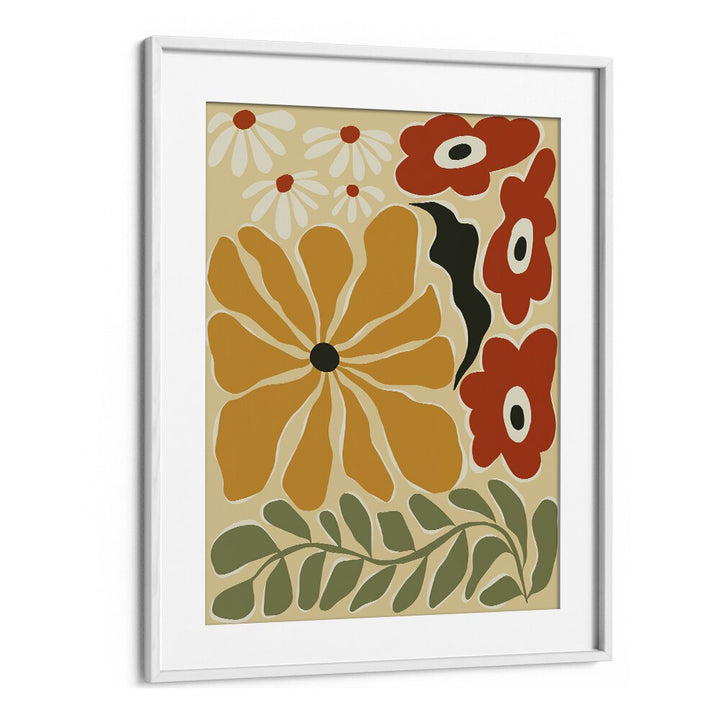 Colorful Mid-Century, Botanical Art Paintings Artwork in White Frame With Mount
