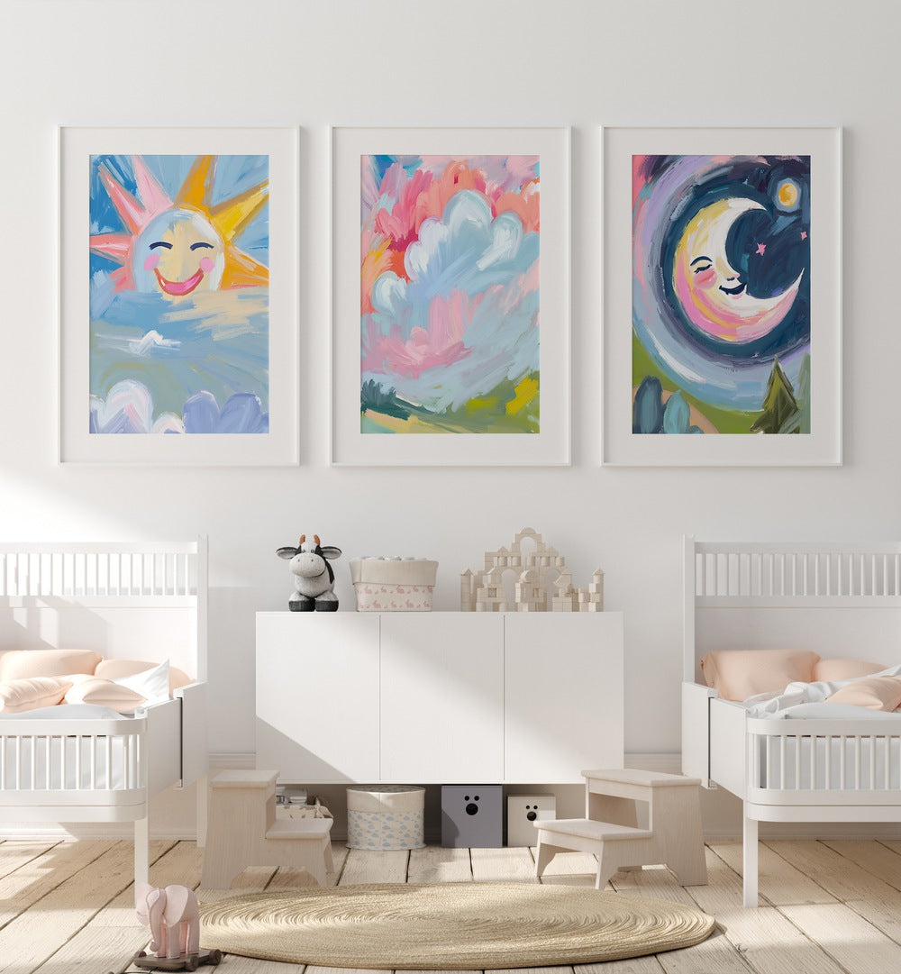 COLOURFUL SUN AND MOON SET , SET OF 3 PAINTINGS