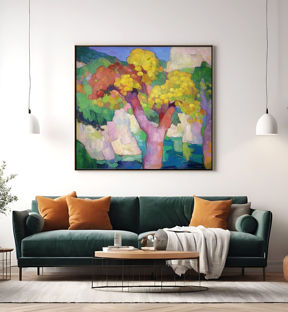 Vibrant COLOURFUL TREES OF MALLORCA artwork enhances modern decor, capturing the island's enchanting charm.
