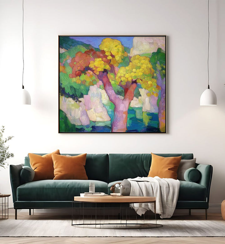 Vibrant COLOURFUL TREES OF MALLORCA artwork enhances modern decor, capturing the island's enchanting charm.