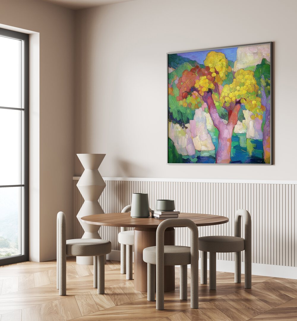 Vibrant COLOURFUL TREES OF MALLORCA artwork enhances modern home decor with Mallorca's enchanting charm.