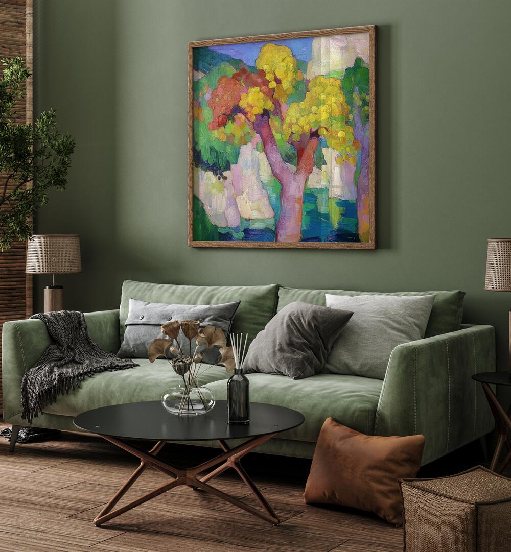 Vibrant COLOURFUL TREES OF MALLORCA artwork enhances a cozy living space with its enchanting charm.
