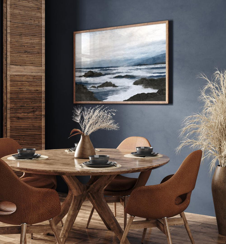 COLTE Beach Paintings adorn a modern dining space, evoking serene coastal vibes with tranquil waves and stunning scenery.