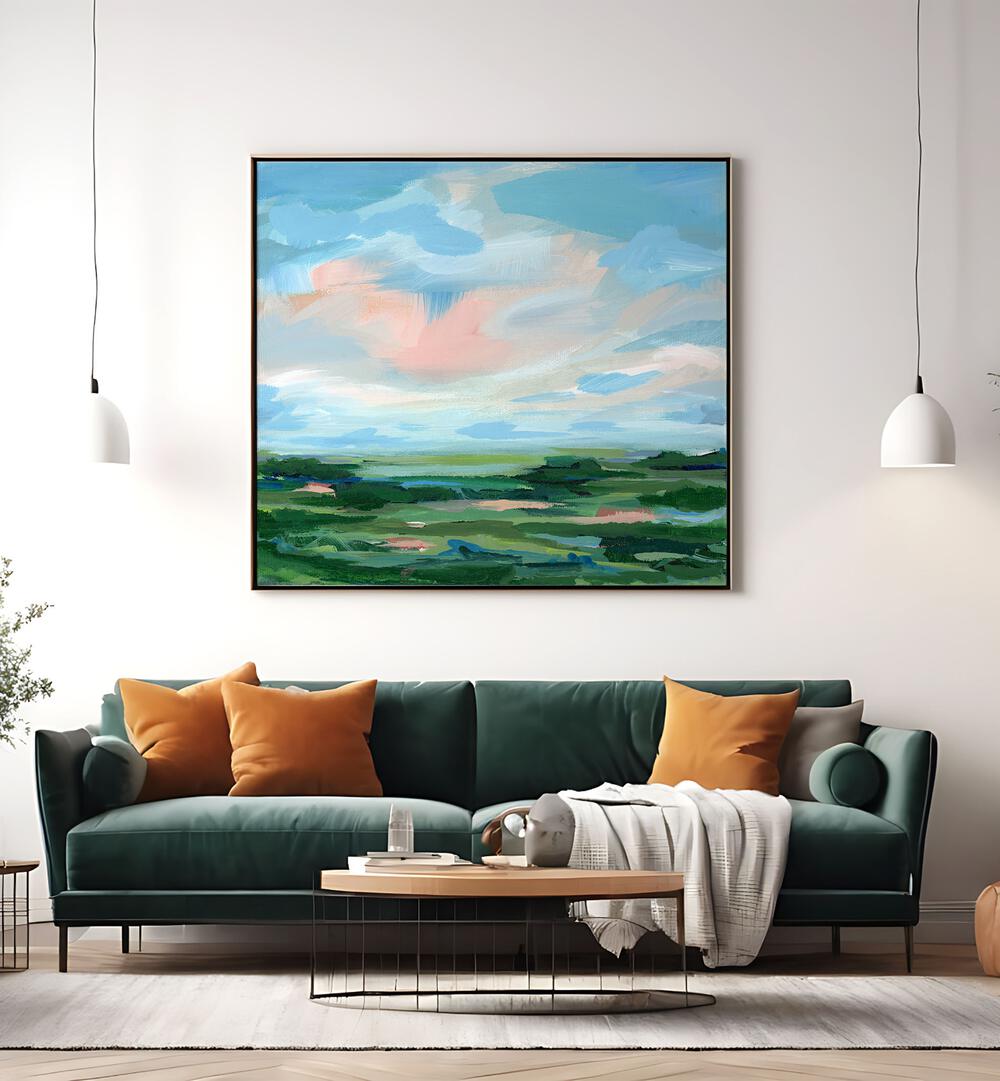 Vibrant COME AWAY, ABSTRACT PAINTINGS enhance a modern living space with their soothing colors and artistic flair.