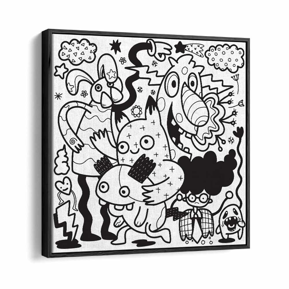 Comic Companions B&w Doodle Art Artwork in Black Floater Frame