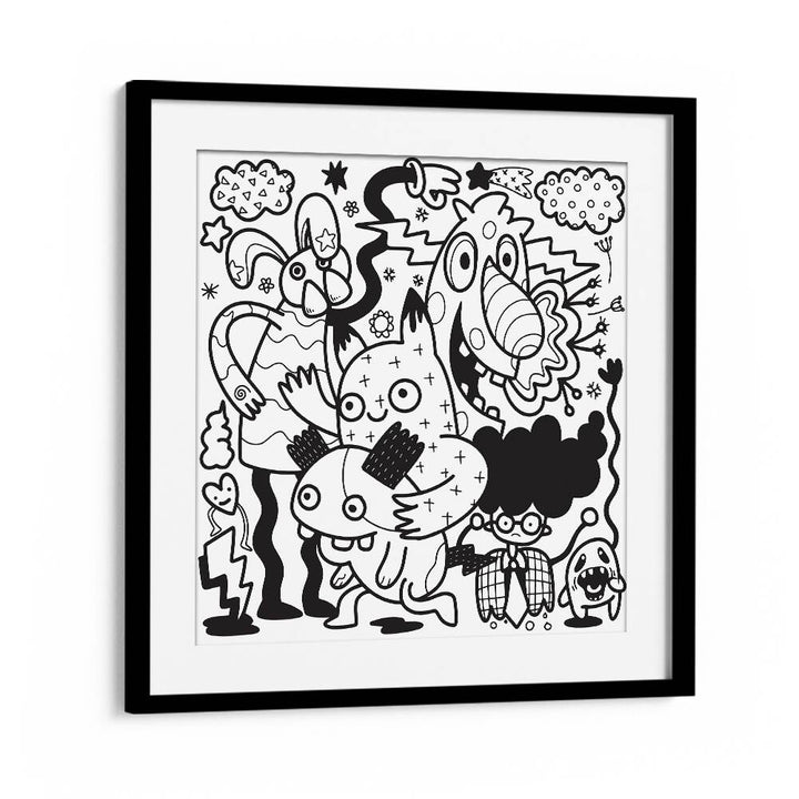 Comic Companions B&w Doodle Art Artwork in Black Frame With Mount