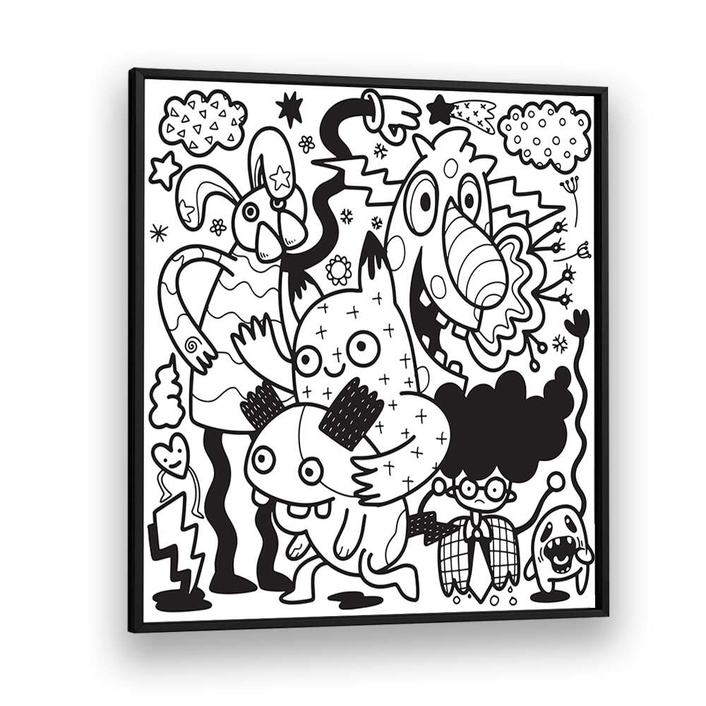 Comic Companions B&w Doodle Art Artwork in Black Plain Frame