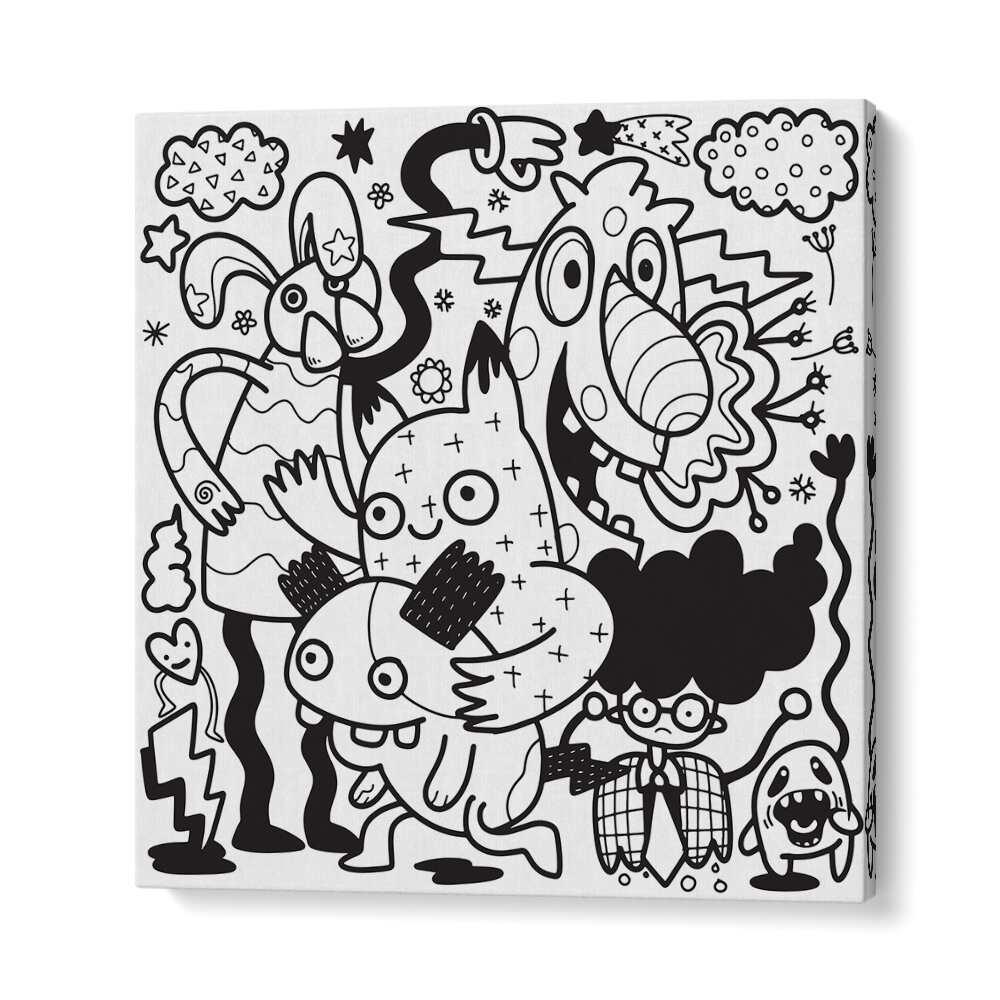 Comic Companions B&w Doodle Art Artwork in Gallery Wrap