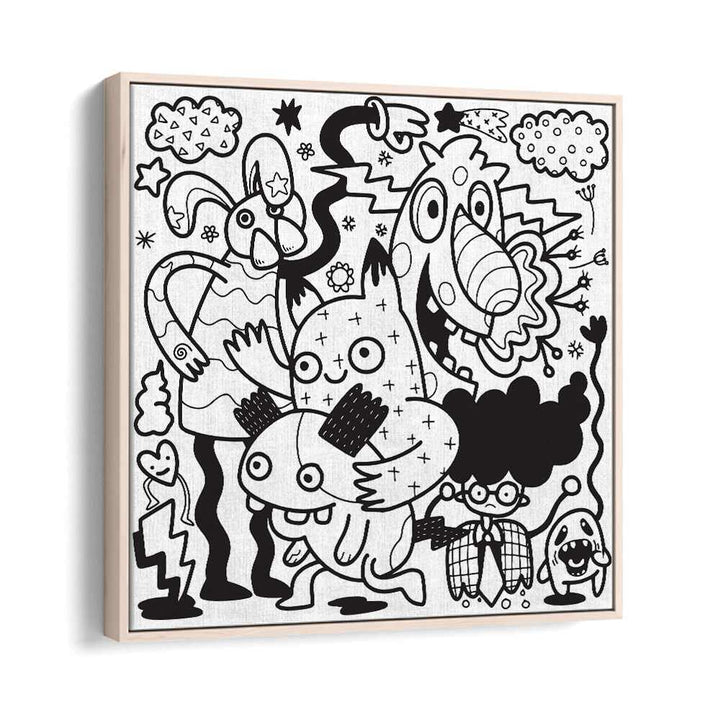 Comic Companions B&w Doodle Art Artwork in Oak Wood Floater Frame