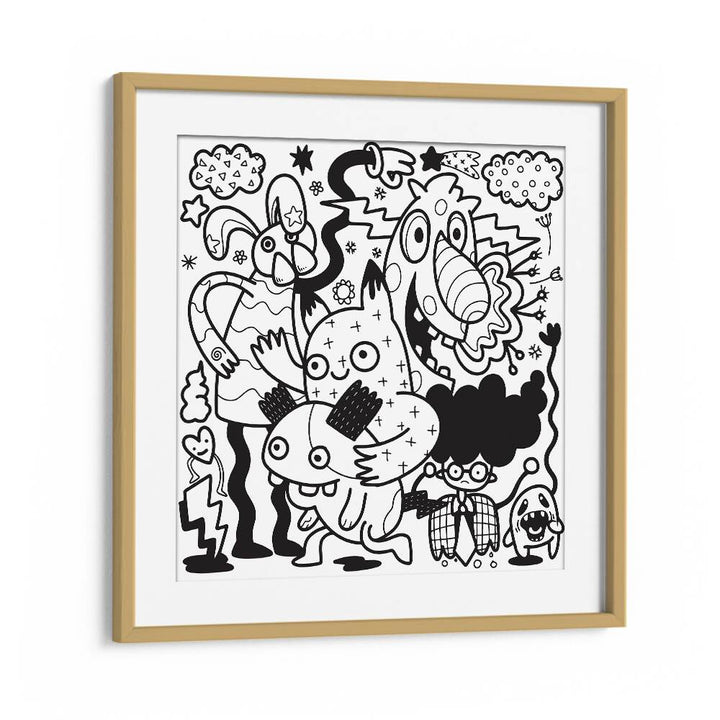 Comic Companions B&w Doodle Art Artwork in Oak Wood Frame With Mount