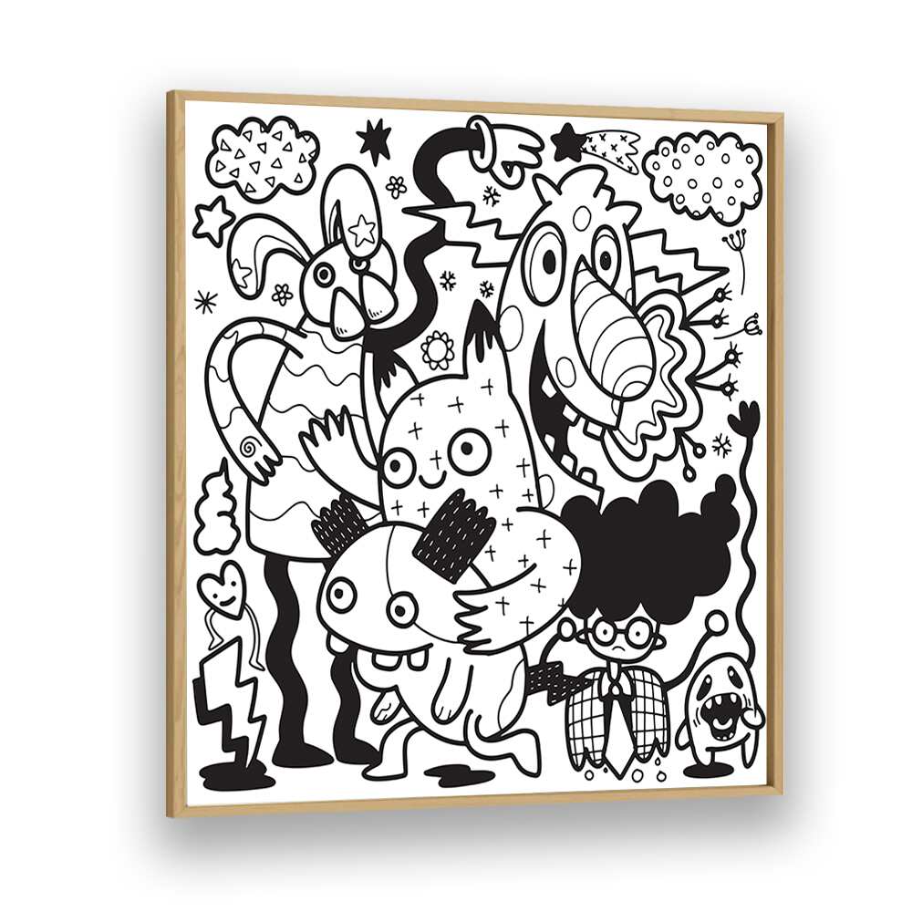 Comic Companions B&w Doodle Art Artwork in Oak Wood Plain Frame