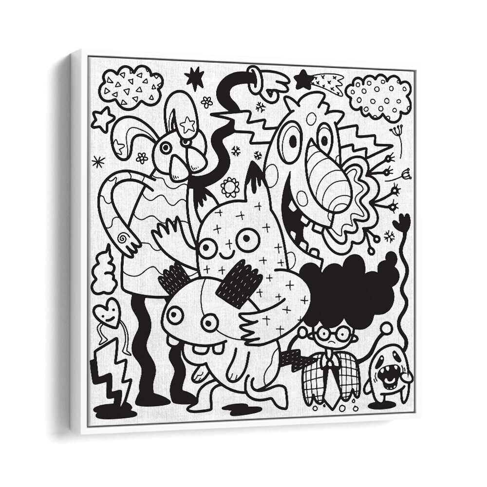 Comic Companions B&w Doodle Art Artwork in White Floater Frame