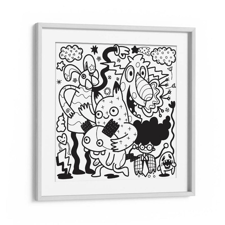 Comic Companions B&w Doodle Art Artwork in White Frame With Mount