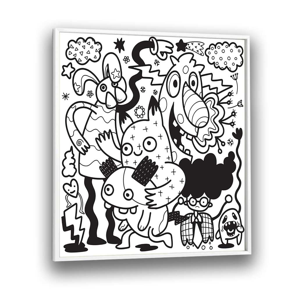 Comic Companions B&w Doodle Art Artwork in White Plain Frame