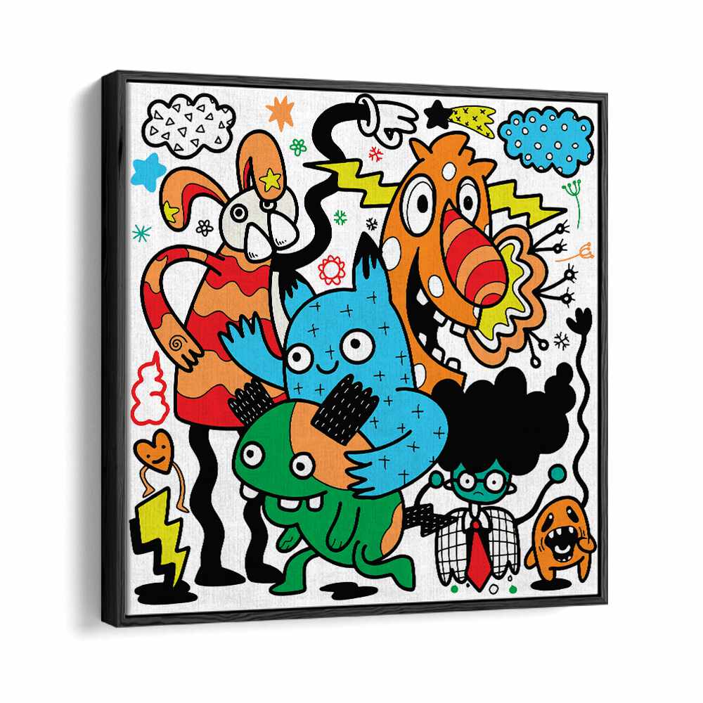 Comic Companions Doodle Art Artwork in Black Floater Frame