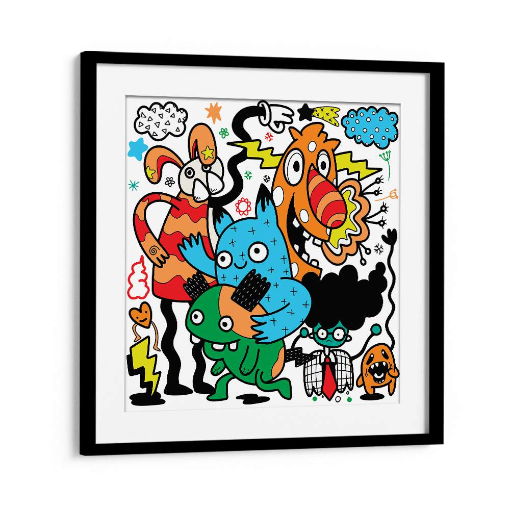 Comic Companions Doodle Art Artwork in Black Frame With Mount