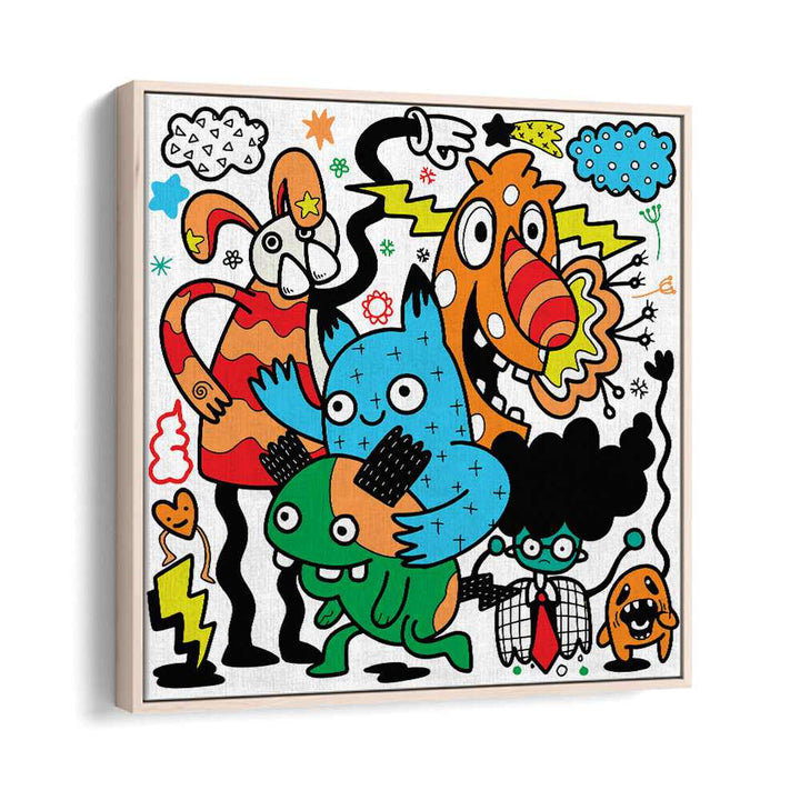 Comic Companions Doodle Art Artwork in Oak Wood Floater Frame