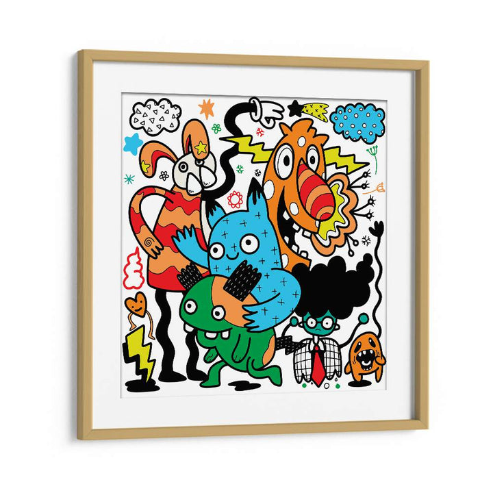 Comic Companions Doodle Art Artwork in Oak Wood Frame With Mount