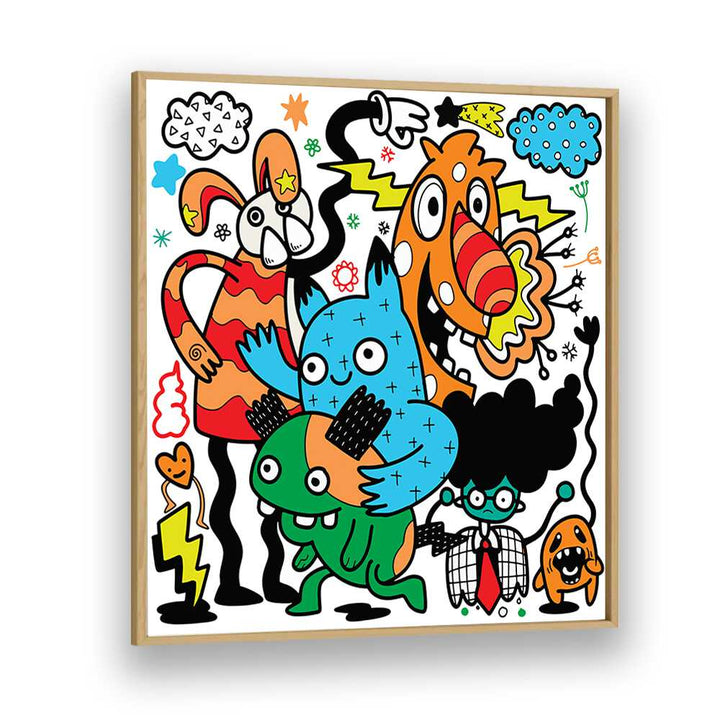 Comic Companions Doodle Art Artwork in Oak Wood Plain Frame