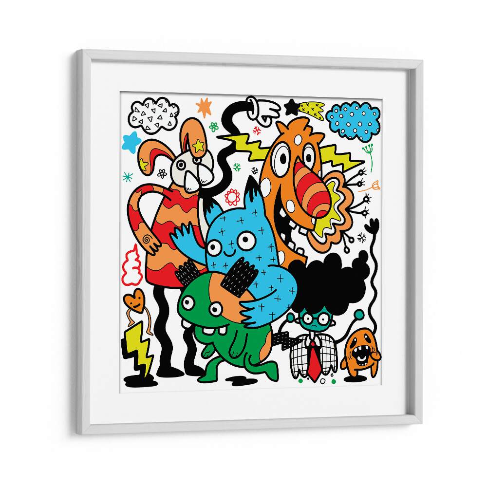 Comic Companions Doodle Art Artwork in White Frame With Mount