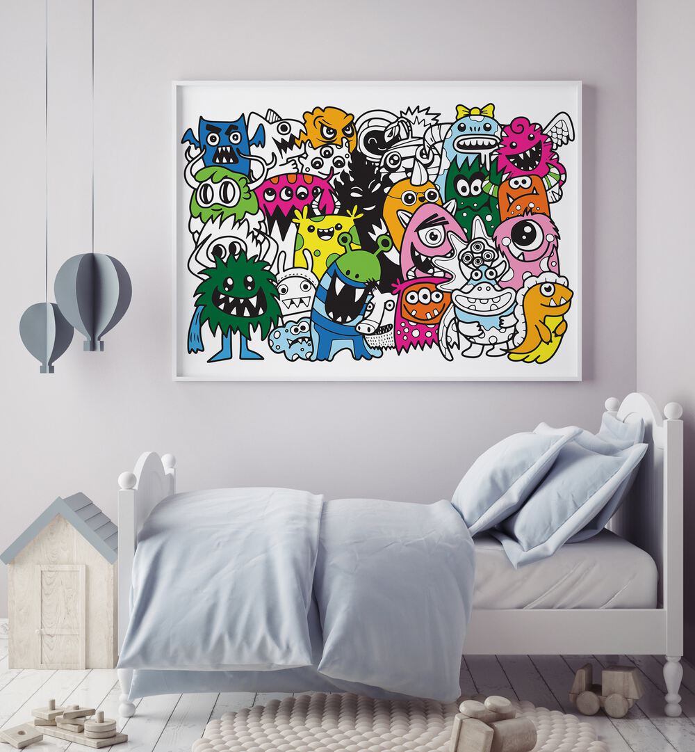 Vibrant COMICAL CREATIONS comic posters featuring colorful monsters, perfect for unique home decor by Asianmonk.