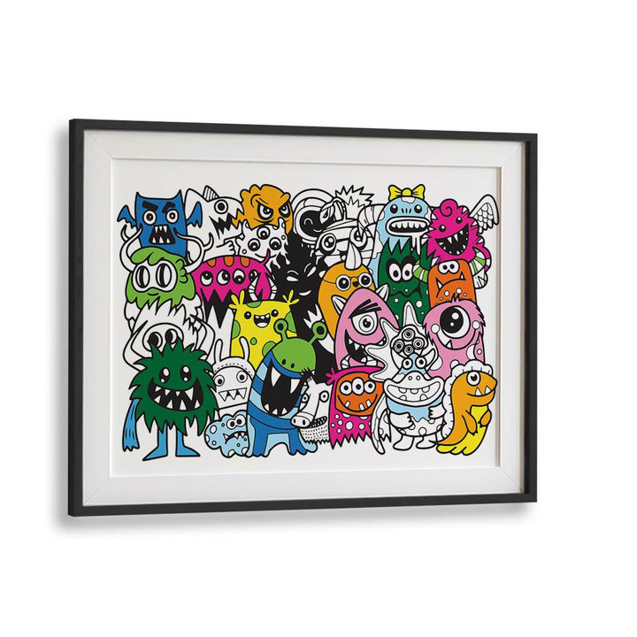 Colorful monsters in a black frame showcase Comical Creations Comic Posters, perfect for vibrant home decor.