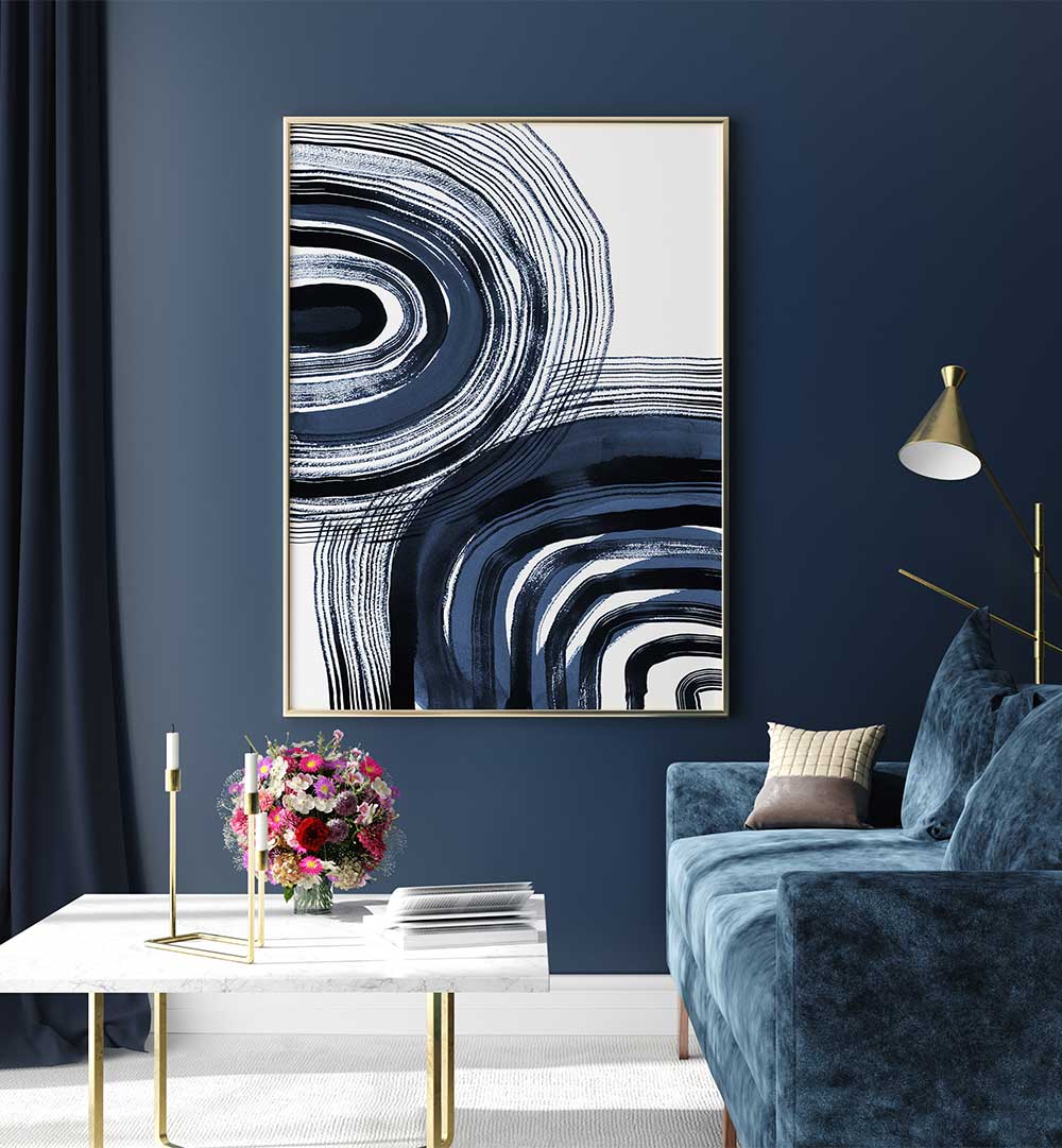 Elevate your decor with CONCENTRIC BLUE AND BLACK BRUSHSTROKES, ABSTRACT PAINTINGS, blending elegance and bold expression.