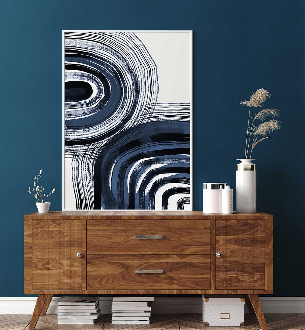 Elevate your decor with CONCENTRIC BLUE AND BLACK BRUSHSTROKES, ABSTRACT PAINTINGS, showcasing bold elegance in art.
