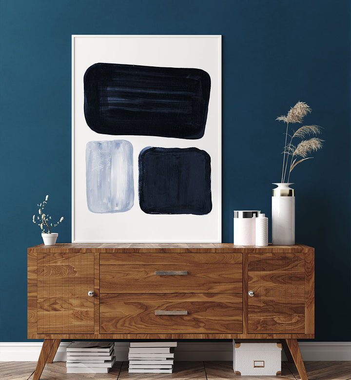 Stylish CONSTANCE Geometric Art Prints displayed above a wooden console, enhancing modern interior decor.