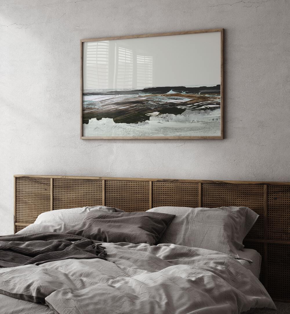 Stunning CONSTANTINE BAY, BEACH PAINTINGS displayed above a cozy bed, enhancing your serene coastal retreat.