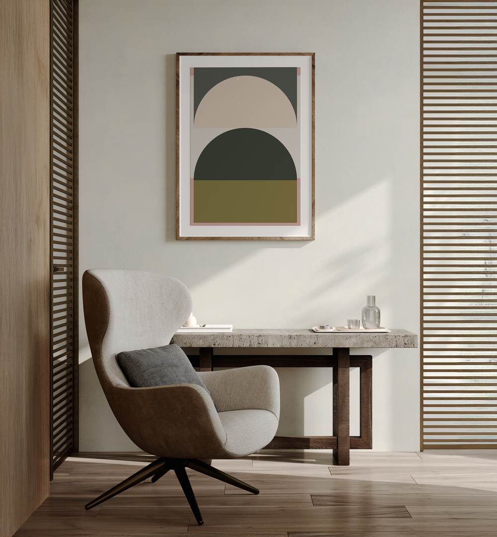 Stylish living room featuring CONTEMPORARY ABSTRACT XIII, GEOMETRIC ART PRINTS, enhancing modern decor aesthetics.