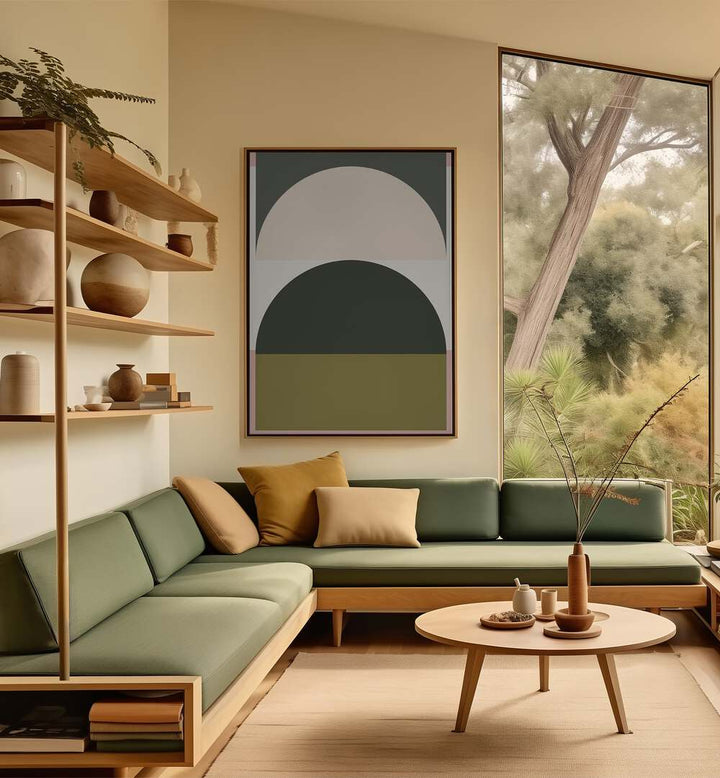 Stylish living room featuring CONTEMPORARY ABSTRACT XIII, GEOMETRIC ART PRINTS, enhancing modern decor and ambiance.