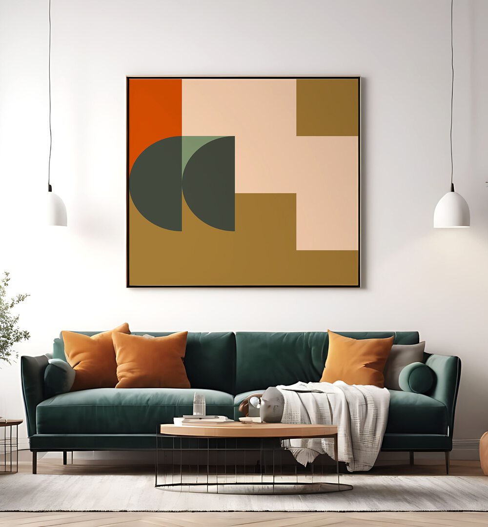 Stylish living room featuring CONTEMPORARY ABSTRACT XXII, ABSTRACT PAINTINGS above a green sofa with orange pillows.