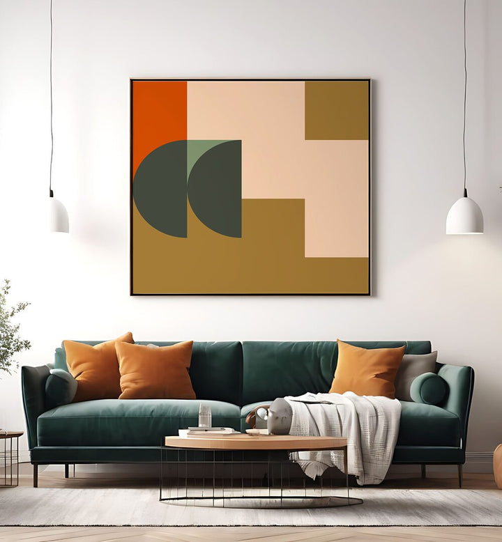 Stylish living room featuring CONTEMPORARY ABSTRACT XXII, ABSTRACT PAINTINGS above a green sofa with orange pillows.
