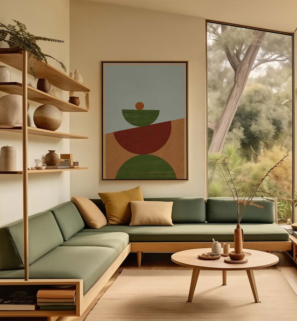 Stylish living room featuring CONTEMPORARY GEOMETRIC II, GEOMETRIC ART PRINTS on the wall, enhancing modern decor.