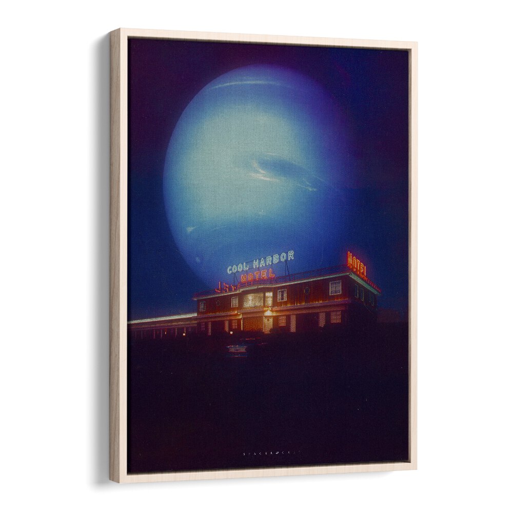 Cool Motel Surreal Painting Artwork in Oak Wood Floater Frame