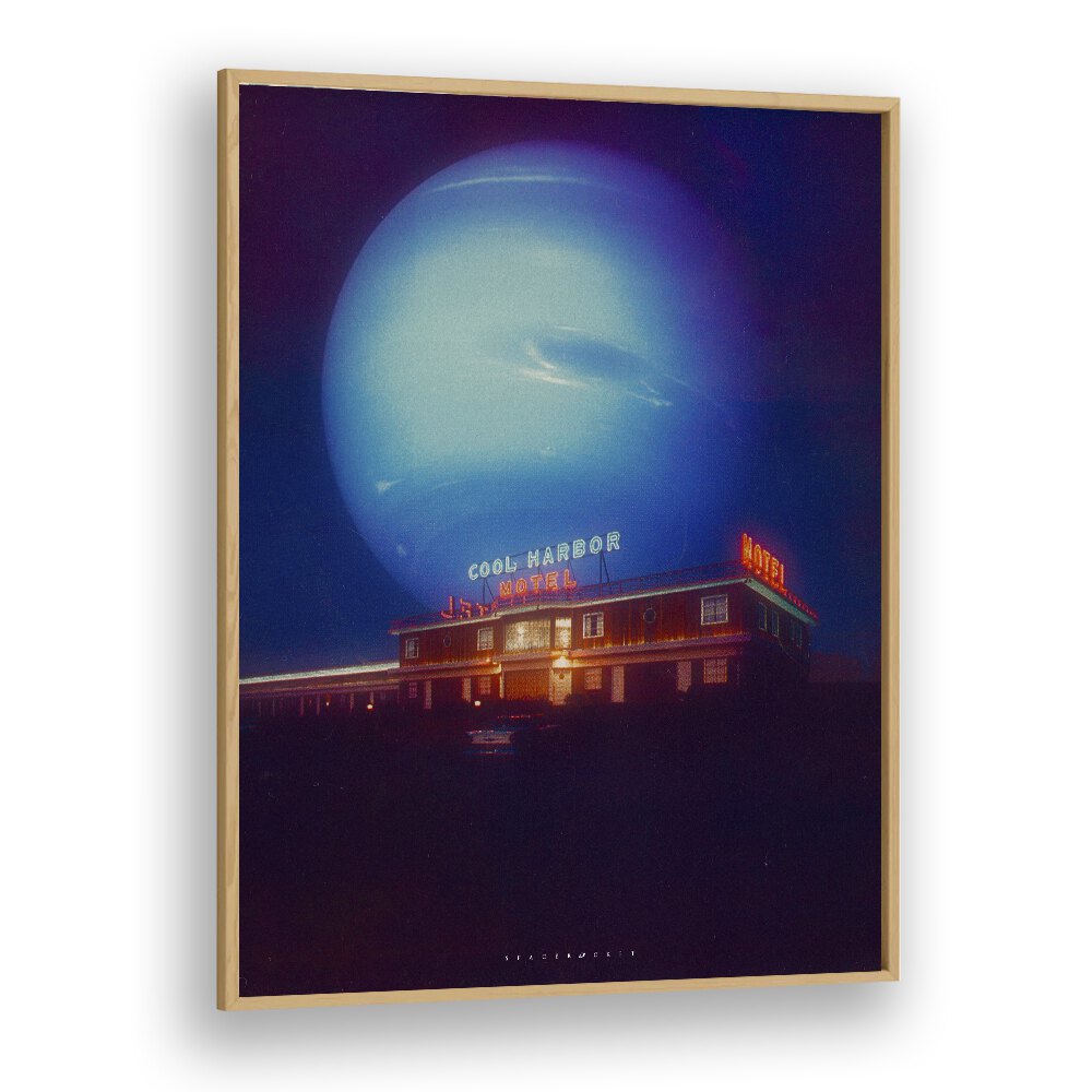 Cool Motel Surreal Painting Artwork in Oak Wood Plain Frame
