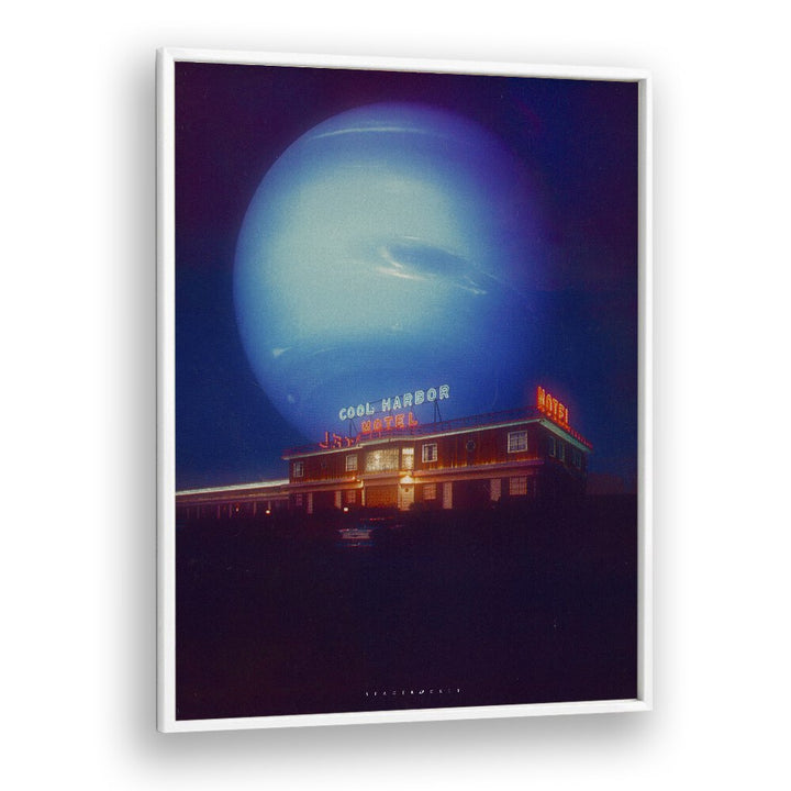 Cool Motel  Surreal Painting Artwork in White Plain Frame