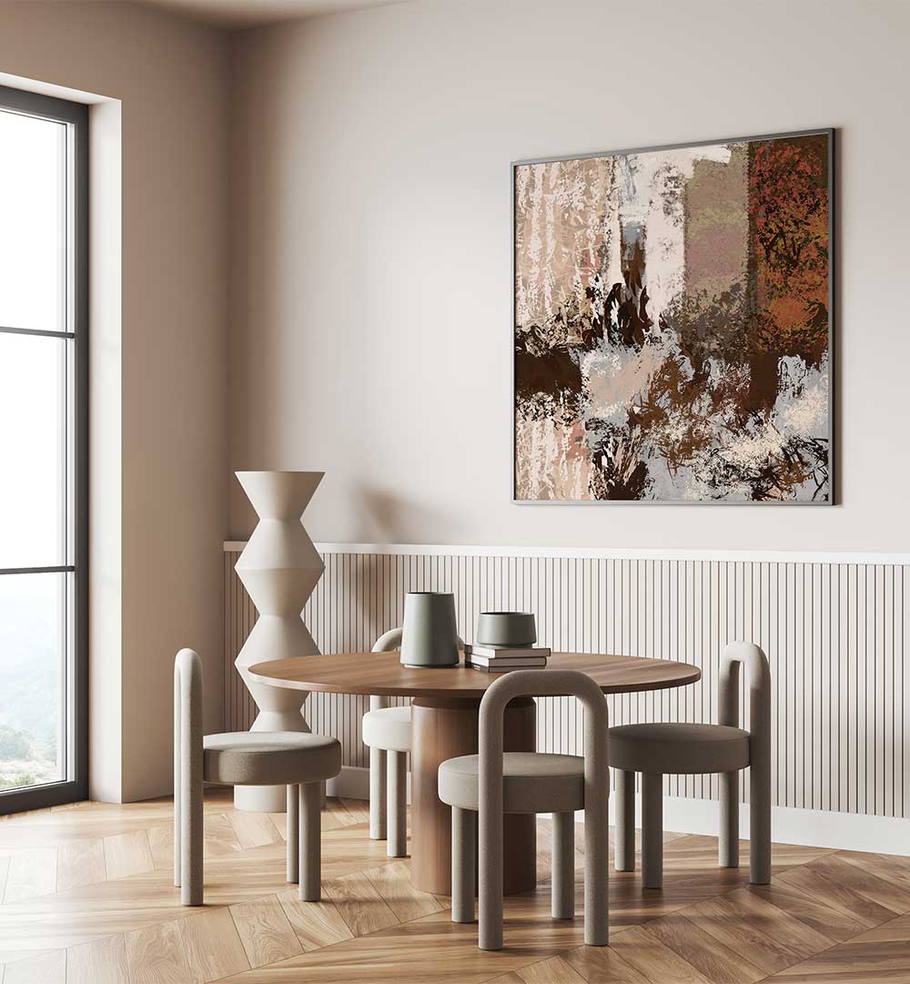 Stylish interior featuring COPPER, ABSTRACT PAINTINGS that enhance artistic ambiance and elevate modern decor.