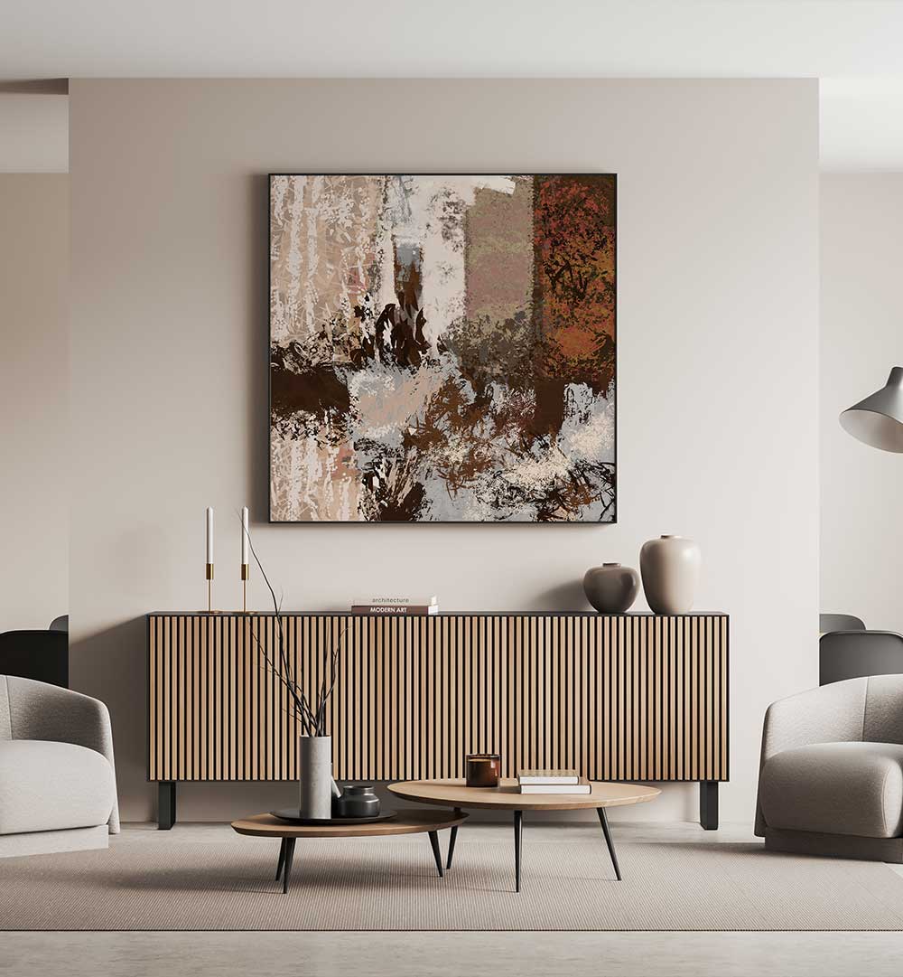 Stylish living room featuring COPPER, ABSTRACT PAINTINGS that enhance the modern decor with vibrant hues and textures.