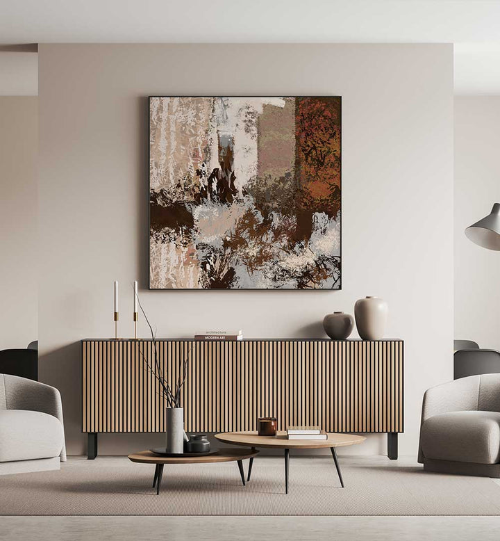 Stylish living room featuring COPPER, ABSTRACT PAINTINGS that enhance the modern decor with vibrant hues and textures.